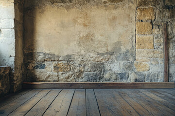 Fototapeta premium Modern Textured Stone Wall with Wooden Flooring