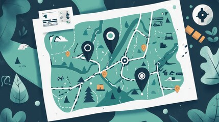 Colorful Illustrated Map with Markers and Nature Elements