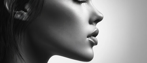 Closeup profile of a young adult woman with closed eyes, showcasing her smooth skin and full lips in a monochromatic, artistic portrait Concept of beauty, elegance, and skincare