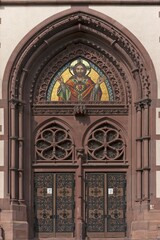 Entrance of the Herz Jesu-Kirche, or Sacred Heart Church, built in the style of Historicism, consecrated in 1897, Freiburg, Baden-Württemberg, Germany, Europe