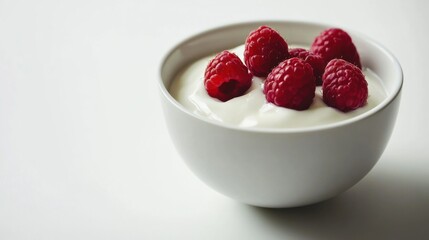 A minimalist bowl of plain yogurt with a few fresh raspberries on top, served in a simple white ceramic bowl, Yogurt centered