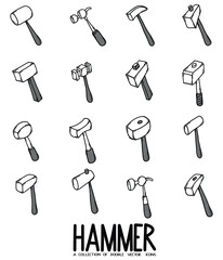 Obraz premium Hammer Doodle vector icon set. Drawing sketch illustration hand drawn line eps10