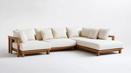 Slim-profile sectional with wide teak arms and neutral seating
