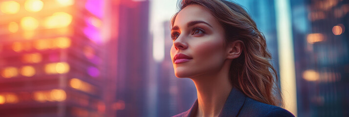Obraz premium Empowered woman gazing at city skyline during sunset, reflecting ambition and confidence. vibrant colors create hopeful atmosphere