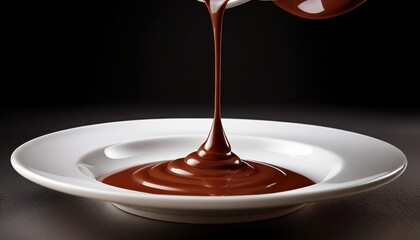 Rich chocolate sauce flows gracefully onto a white plate in a dark setting