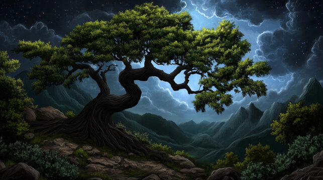 The Onyxbeam Tree: Majestic Black-Barked Giant of Big Timber Forest