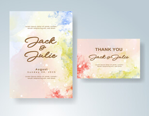Wedding card invitation template with hand painted watercolor splash