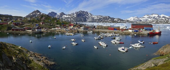 View over Tasiilaq harbour and Kong Oscars Havn, Ammassalik Island, Kalaallit Nunaat, East Greenland, Greenland, Greenland, North America