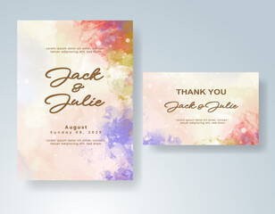 Wedding card invitation template with hand painted watercolor splash