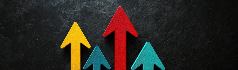 Fototapeta premium yellow arrows pointing upward, one red arrow pointing downward on a black background