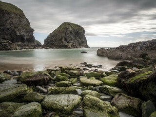 Bedruthan Steps, rugged bay on the west coast of Cornwall, Great Britain