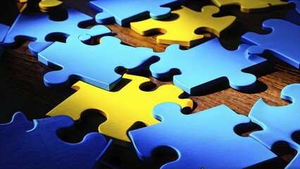 Illustration of scattered blue and yellow puzzle pieces sprawled across as a wallpaper background, AI generated