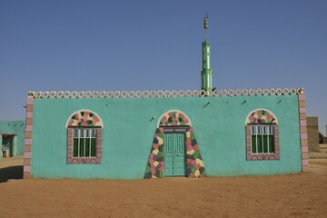 Sufi Gadria Mokakshfia Mosque, typical colourful Nubian, pattern, Al Dabbah, Northern State, Nubia,...