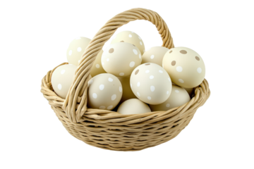 Isolated Wicker Basket Full of Creamy White Polka Dot Easter Eggs