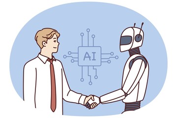 Man shakes hands with robot as sign of friendship between humans and artificial intelligence AI. Concept developing technologies equipped with artificial intelligence and neuron networks