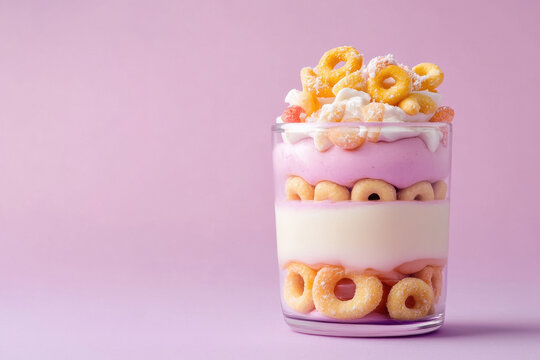 very cute kiddies cheerio cereal dessert. purple background