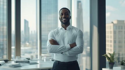 Fototapeta premium Portrait of a businessman in a modern office with a large window overlooking the city skyline