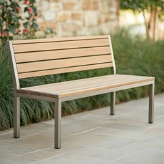 Teak and steel bench with low-profile design for sleek patios