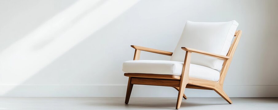 Teak lounge chair with sharp, clean lines and white cushions