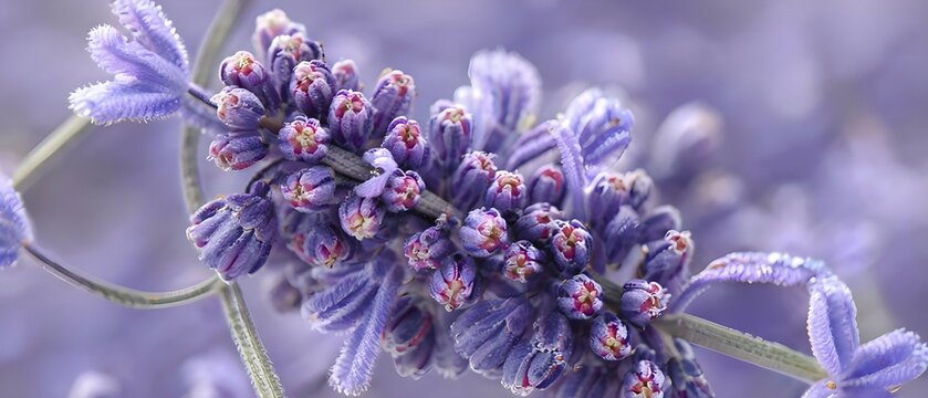 Detailed macro of a lavender flower (Lavandula angustifolia), showing the tiny purple buds and soft, velvety texture of the petals, AI generated
