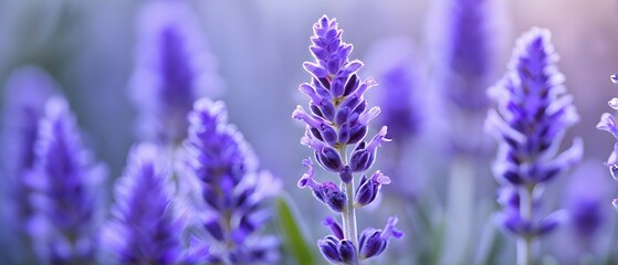 Obraz premium Detailed macro of a lavender flower (Lavandula angustifolia), showing the tiny purple buds and soft, velvety texture of the petals, AI generated