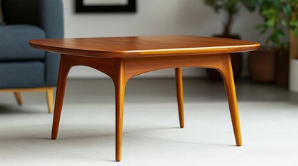 Teak outdoor coffee table with slim, angular legs and a polished finish