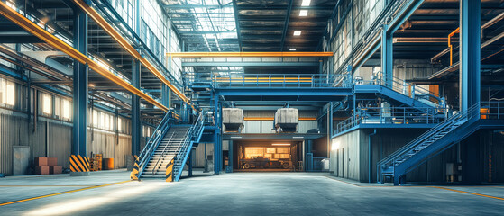 Expansive industrial building featuring blue metal structures and steel stairs with open garage entrances for waste transport