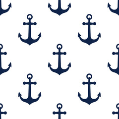 Dark blue ship anchors isolated on white background. Nautical monochrome seamless pattern. Vector simple flat graphic illustration. Texture.