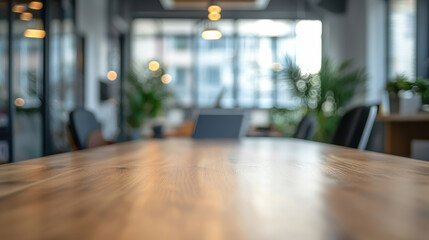 Fototapeta premium modern office meeting room with wooden table, plants, and soft lighting creates professional atmosphere. blurred background adds depth to workspace