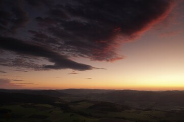 View from the Bruchhauser Steine rock formation onto the Sauerland region and the Rothaargebirge mountain range, sunset, dusk, Olsberg, North Rhine-Westphalia, Germany, Europe