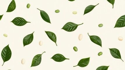 Fresh Green Leaves and Beans on a Light Background Pattern