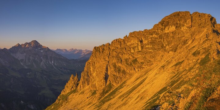 View from Krumbach highroute under morning sun to Biberkopf, 2599m, Allg&auml;uer Alps, Allg&auml;u, Bavaria, Germany, Europe