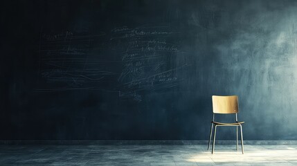 Empty Wooden Chair Against Dark Chalkboard Wall in Minimalist Room