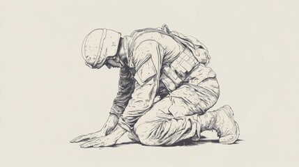 Obraz premium Kneeling soldier in helmet and combat gear, head bowed down in sorrow or prayer.