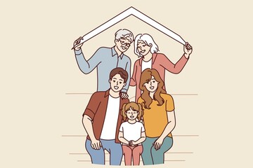 Large happy family of retired parents and millennial children with grandchildren under roof of house. Concept of relocating family from different generations to new house purchased with mortgage