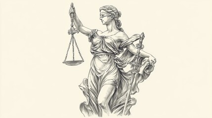 Fototapeta premium Lady Justice statue, scales, sword, blindfold, grayscale, classical.