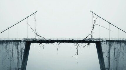 Cracked Bridge Over Foggy Landscape with Broken Foundations
