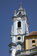 Tower of the Collegiate Church, Dürnstein Abbey, Dürnstein, Wachau, Lower Austria, Austria, Europe