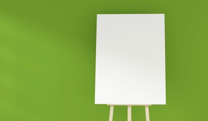 Wooden easel with a blank canvas in a green room with space for text on the wall, 3d rendering