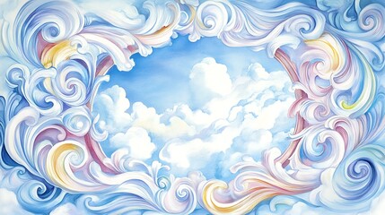 Ornate swirling frame encircles a serene blue sky and clouds