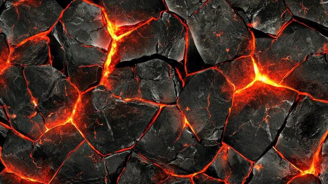 Lava flows reveal bright orange magma beneath a black volcanic rock surface during an eruption event in a remote location