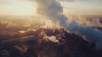 Fototapeta premium Stunning aerial view showcasing an industrial landscape with smoke billowing into the sky during sunset, highlighting environmental concerns and urban development.