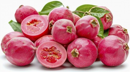 Vibrant pink guavas (Psidium cattleyanum) with leaves shown in a close-up, highlighting their juicy texture, AI generated