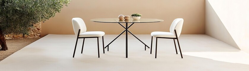 Weatherproof dining table with slim legs and tempered glass top