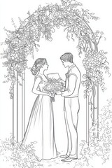 Romantic Wedding Couple Under Floral Arch - Line Art Illustration . Children coloring page