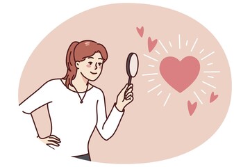 Woman holding magnifying glass looking at heart symbol. Happy girl looking for love or relationships with magnifier. Flat vector illustration