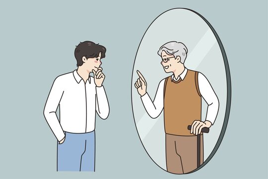 Young man look in mirror see talk with future old self. Younger generation male get advice from older generation himself. Lifetime and self-realization. illustration