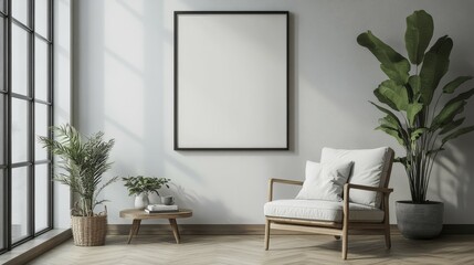 Bright space with an armchair, plants, and an empty frame, bathed in natural light, AI generated
