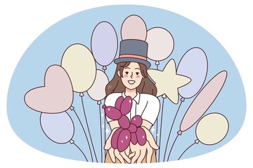 Smiling young woman selling balloons. Happy female seller promoting helium balloons and figures. Flat vector illustration