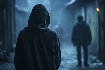 Gooded figure following man in dark alley at night. Crime concept. KI generiert, generiert AI generated
